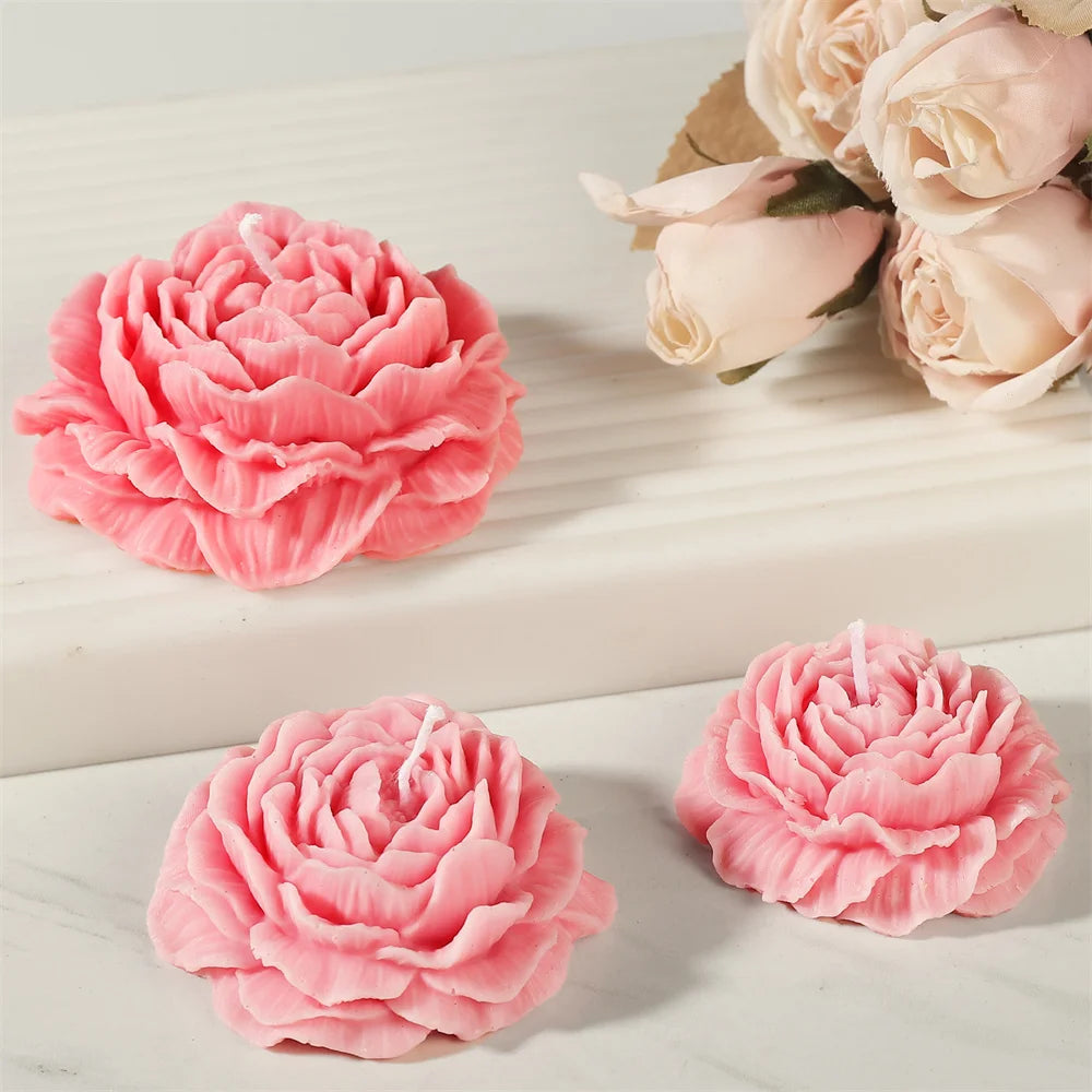 Pink 3D peony flower silicone mold for candle resin and soap making