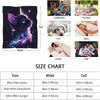 A size chart for a My Hero Academia throw blanket showing dimensions in inches and centimeters for kids, standard, and large 