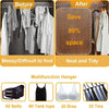 Multifunction hanger showing before and after organization of belts, hats, and accessories.