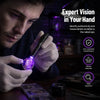 A hand holds a mini UV LED pen light illuminating a purple gemstone for authentication inspection.