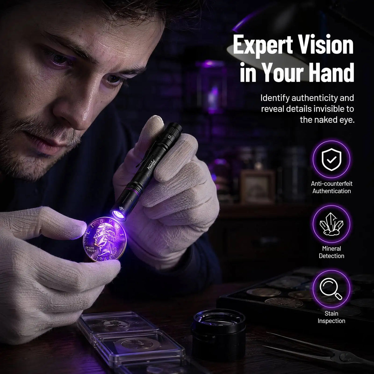 A hand holds a mini UV LED pen light illuminating a purple gemstone for authentication inspection.