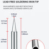 A silver lead-free soldering iron tip shown with various dimensions and a magnified view of the tip's diameter.
