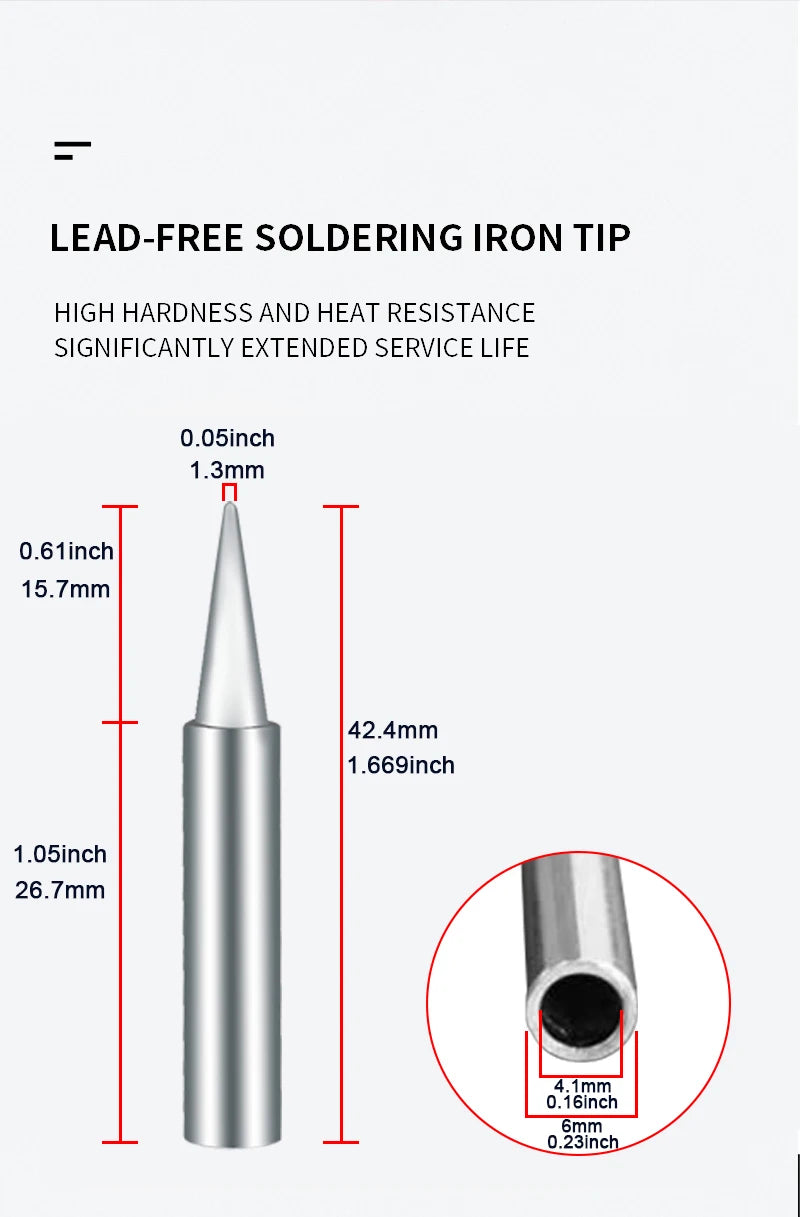 A silver lead-free soldering iron tip shown with various dimensions and a magnified view of the tip's diameter.