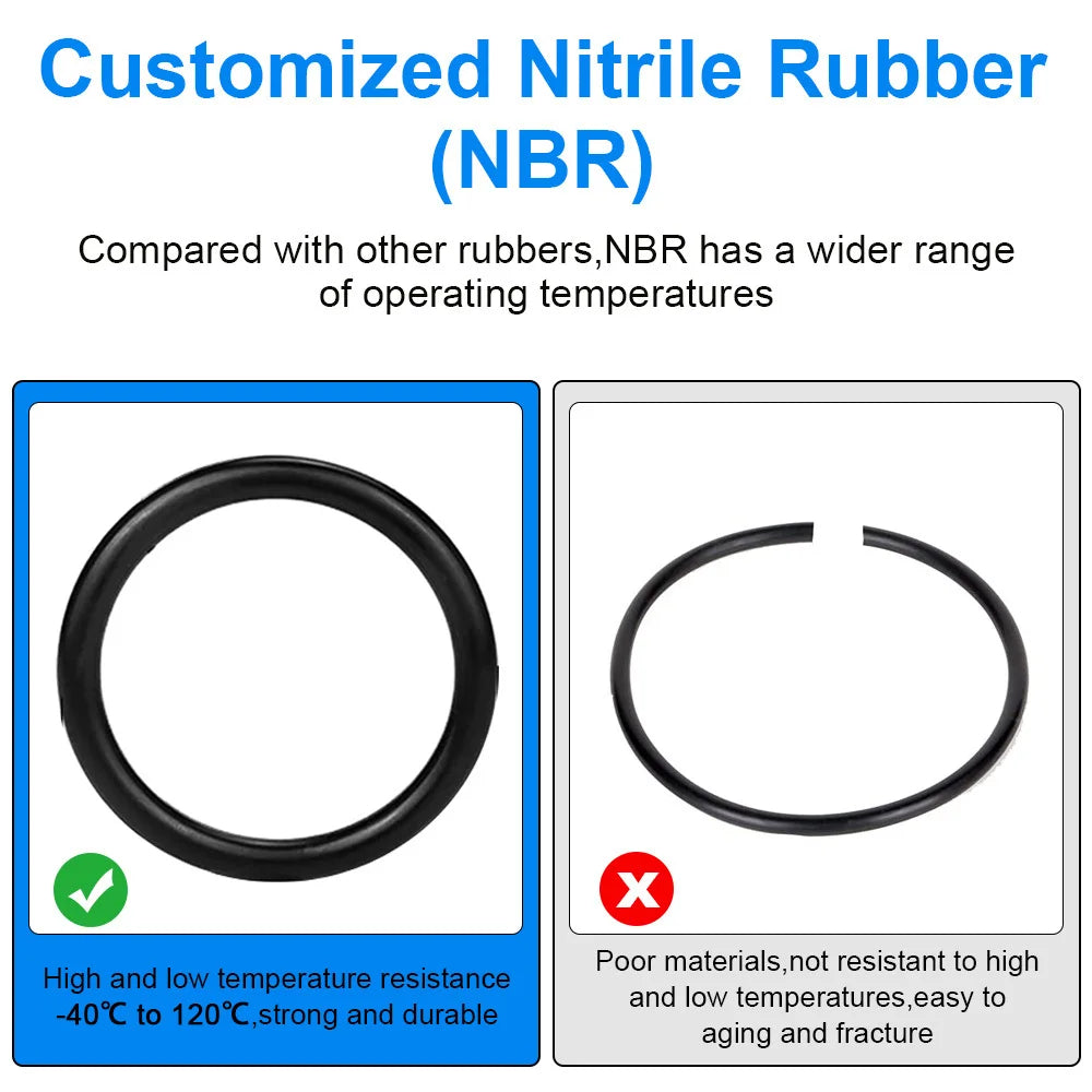 A black ring-shaped rubber component used in a customized nitrile rubber (NBR) product.