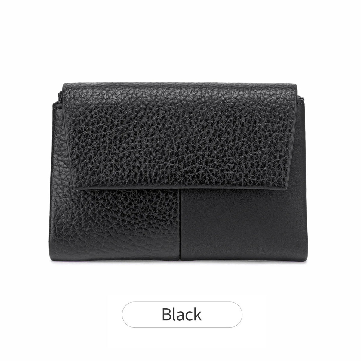 Black RFID-blocking tri-fold wallet with a zippered coin pocket shown flat.
