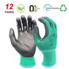 A pair of green and gray breathable PU-coated work gloves shown against a white background.