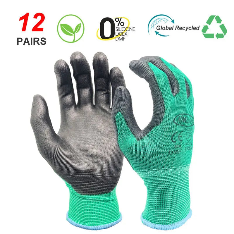 A pair of green and gray breathable PU-coated work gloves shown against a white background.