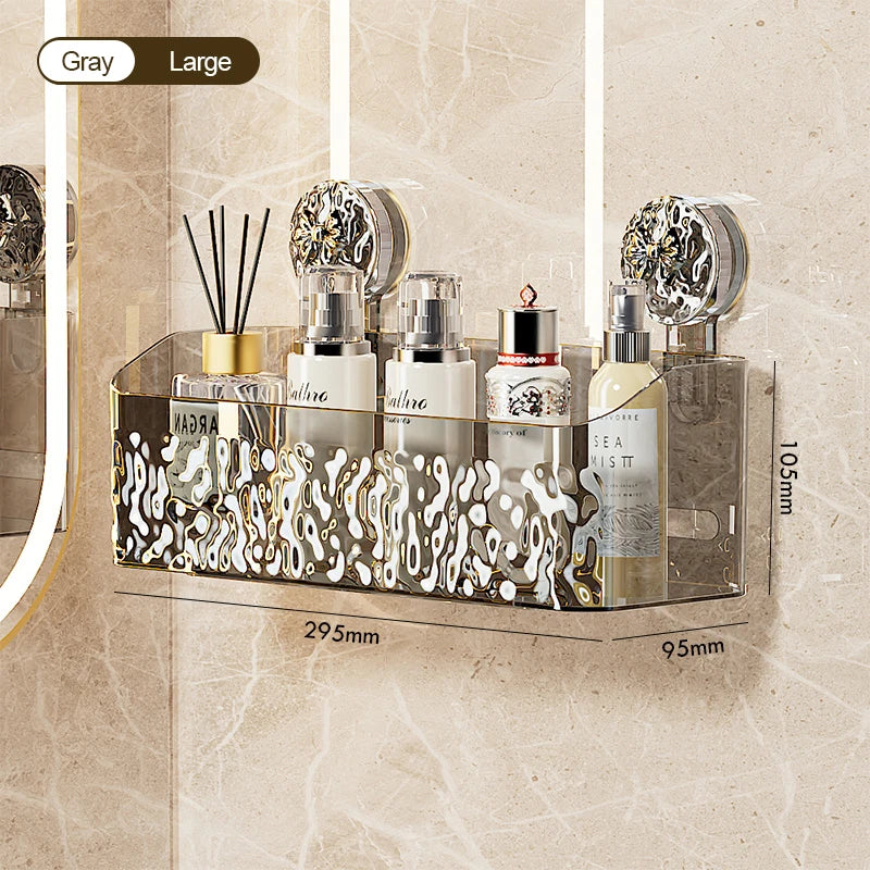 A wall-mounted storage basket with a gold frame and water ripple design holds various glass bottles and tools.