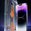 A clear tempered glass screen protector for an iPhone is shown with an installation kit and positioning tool.