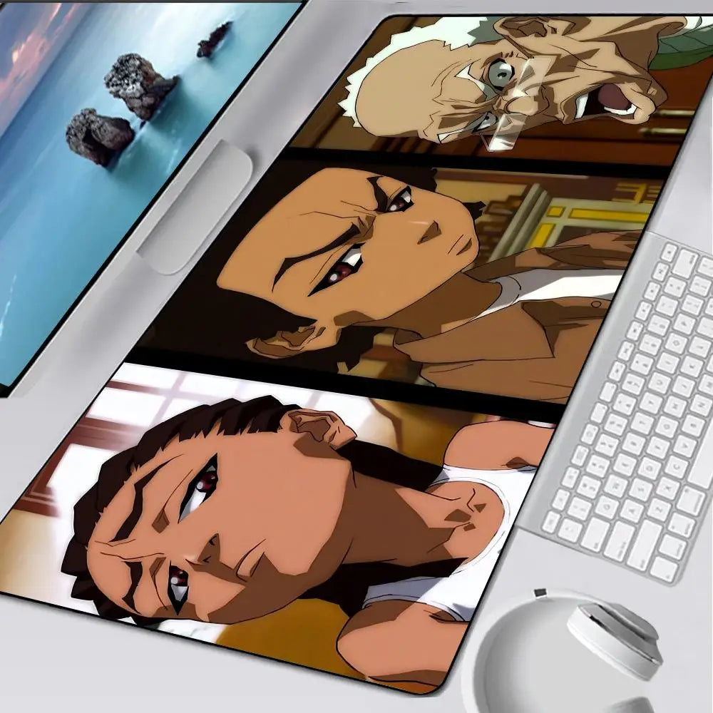 A close-up view of a Boondocks character illustration on an oversized gaming mouse pad.