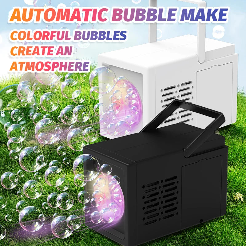 A white automatic bubble maker device is shown next to a black handheld unit, creating colorful bubbles on green grass.