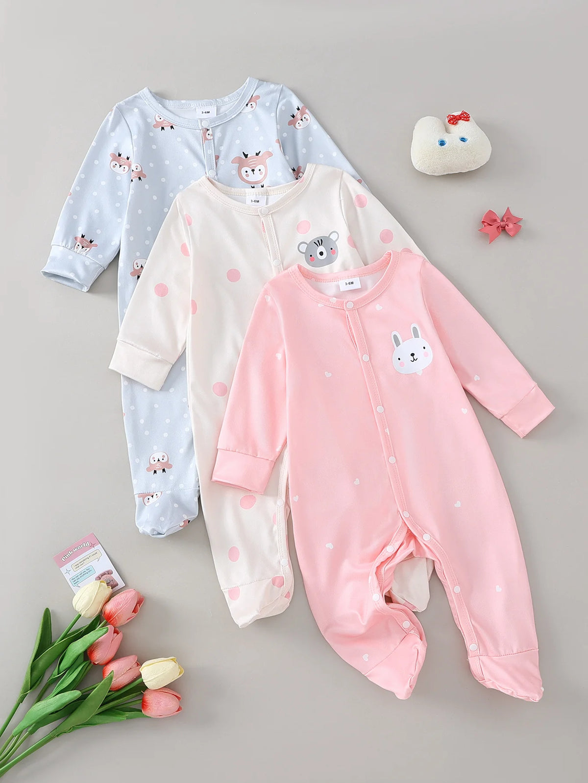 Newborn Baby Girls Footed Sleepers 3-Pack - Soft Long Sleeve Rompers with Adorable Patterns