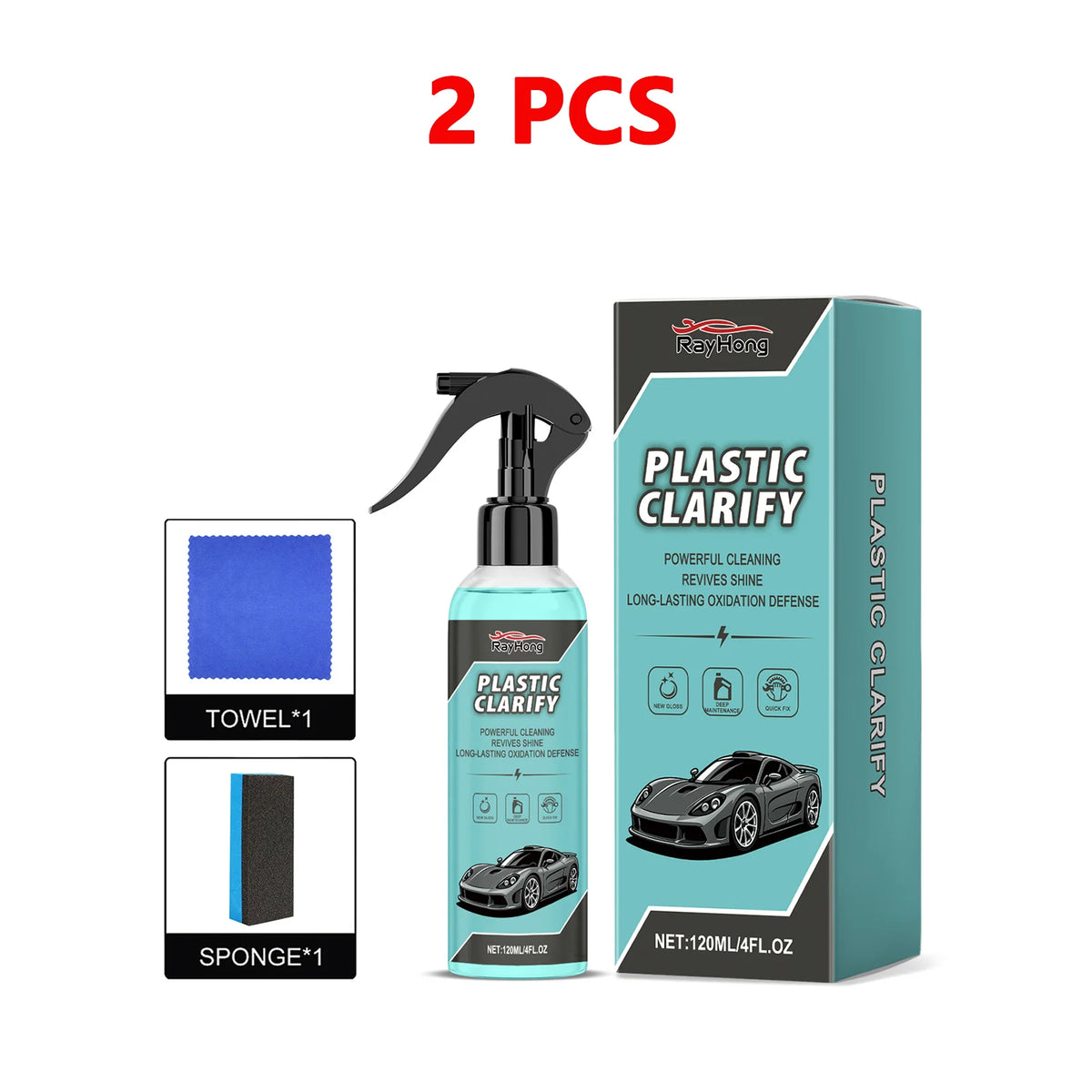 Deux bouteilles de spray restaurant plastique automobile Plastic Clarity avec serviette et éponge