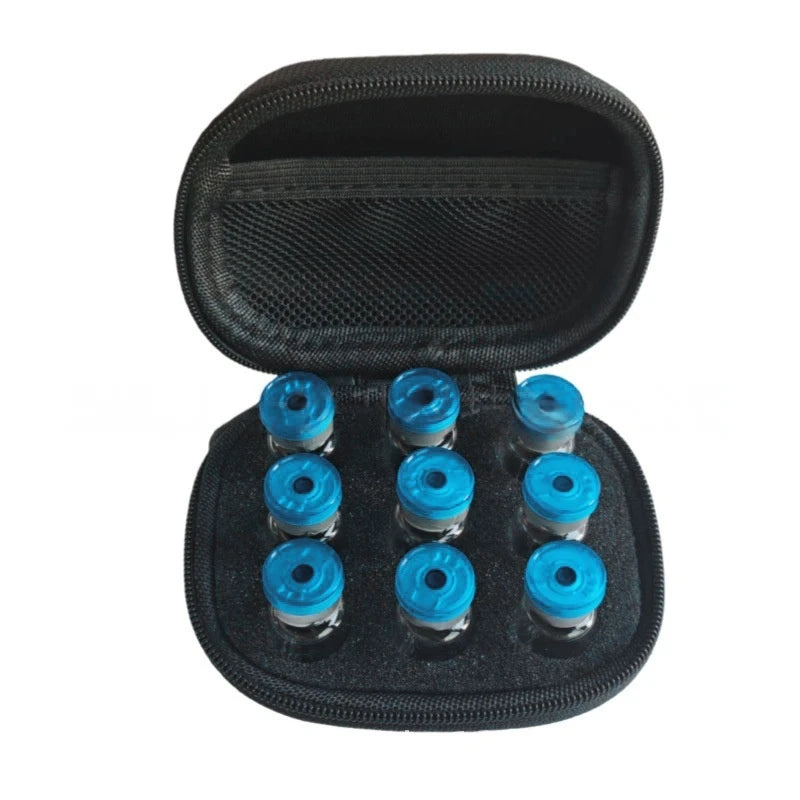 Black portable storage case for insulin and peptide vials with multiple compartments