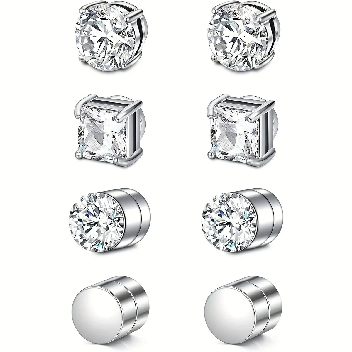 Un ensemble d'boucles d'oreilles à clips magnétiques rondes en cristal, présentées sous différents angles.