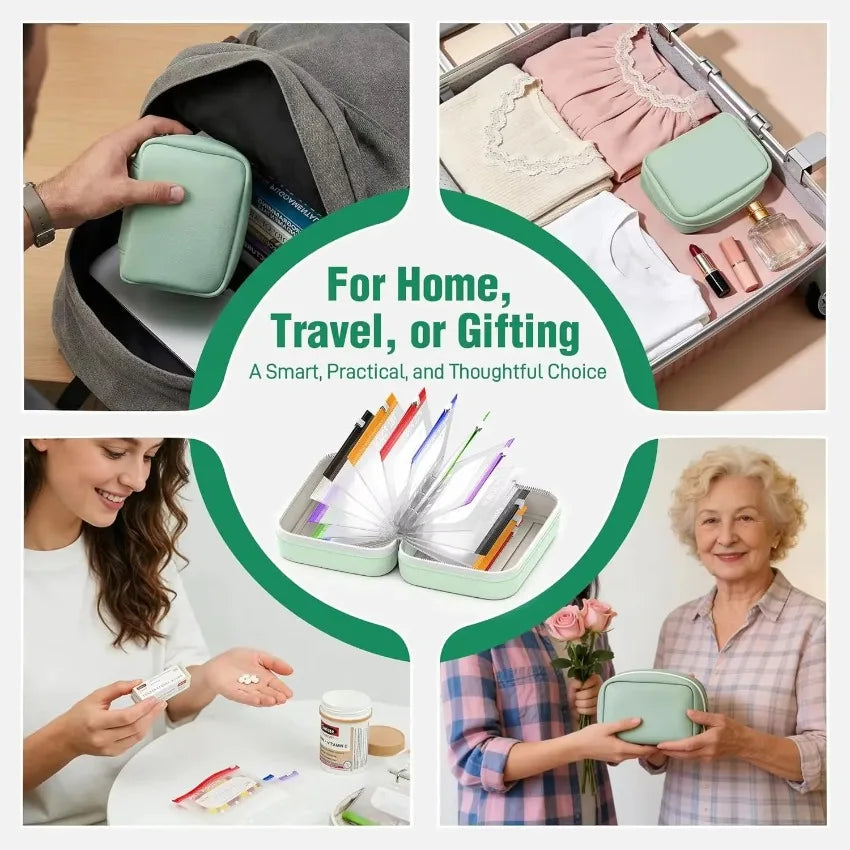 A set of 7-day waterproof pill organizers with 14 color-coded pouches shown in various contexts.