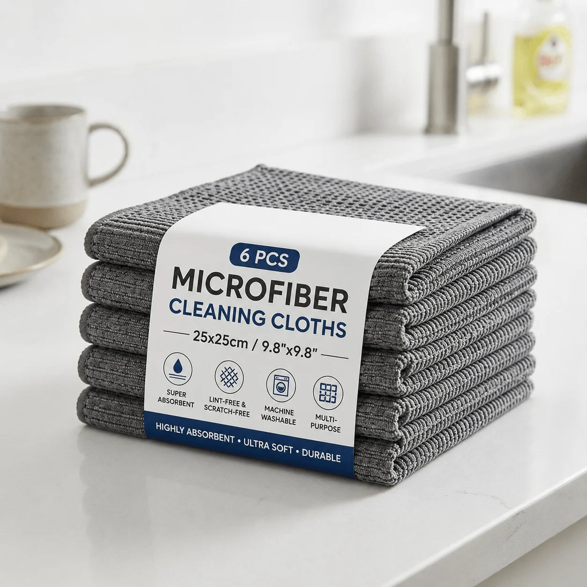 A stack of six gray microfiber cleaning cloths labeled as a set of 6 pcs.