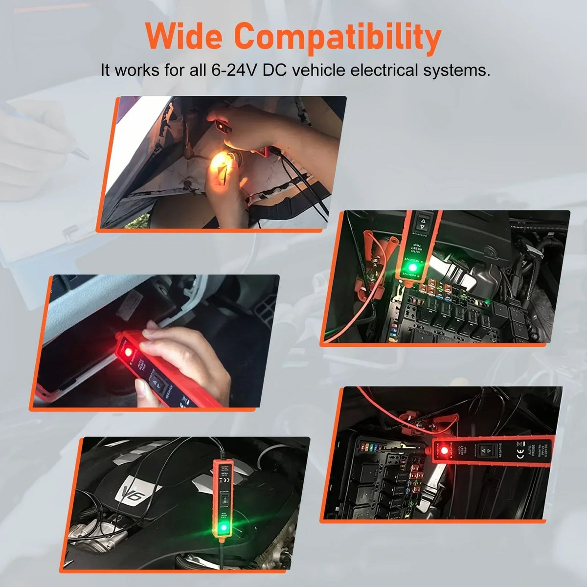 A circuit tester is shown being used on a vehicle electrical system, demonstrating wide compatibility for 6-24V DC systems.