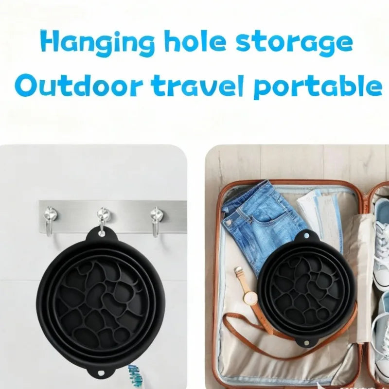 Black foldable silicone ice bath and facial massage bowl shown in an outdoor travel context.