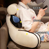 A person is using a plush backrest cushion designed for support, featuring cat and dog designs.