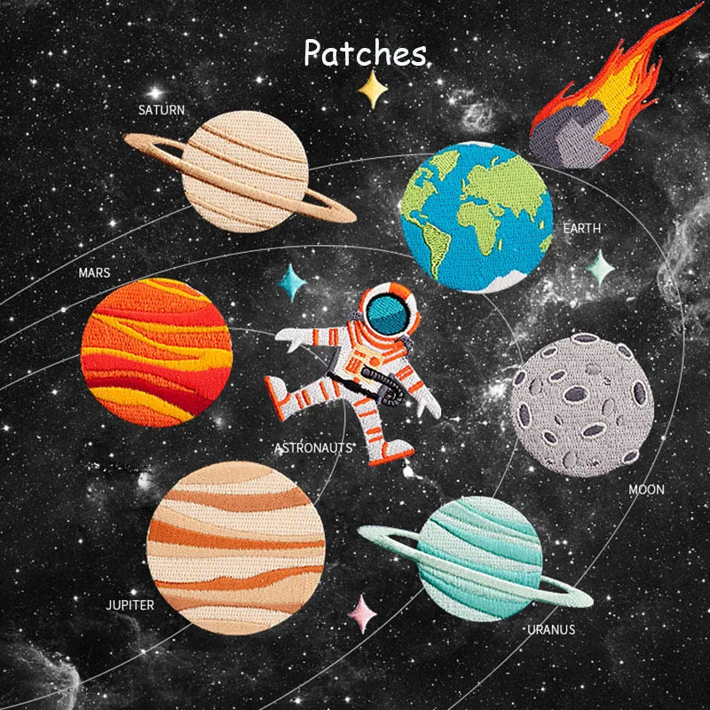 A collection of embroidered space patches featuring planets like Earth, Mars, Jupiter, Saturn, and the Moon, along with an as