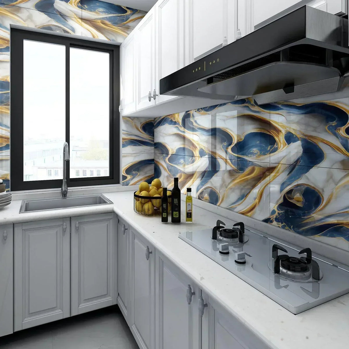 Modern kitchen featuring white cabinets, marble countertops, and blue and gold marbled backsplash tiles.