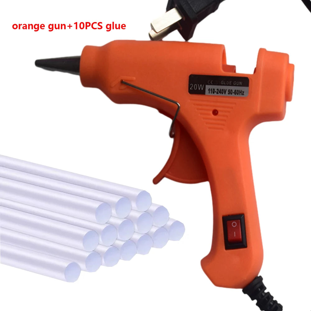 Orange hot melt glue gun with 10 pieces of glue sticks shown next to the device.