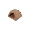 A beige pet teepee tent with a mesh entrance and reversible cushion.