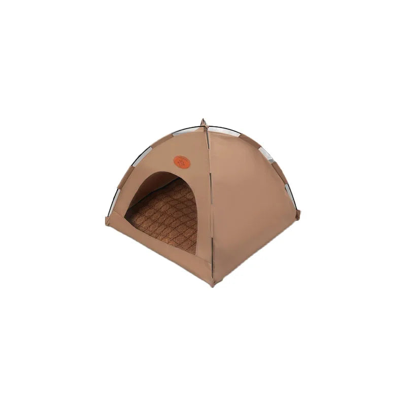 A beige pet teepee tent with a mesh entrance and reversible cushion.