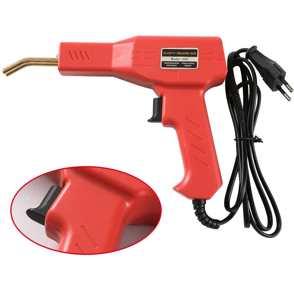 A red plastic welding gun with a nozzle and cord is shown, along with an inset view of the tool's tip.