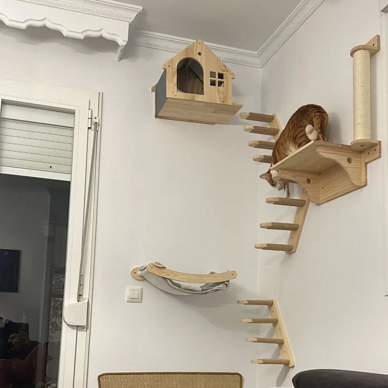 Wall-Mounted Wooden Cat Climbing Shelf with Sisal Scratching Post