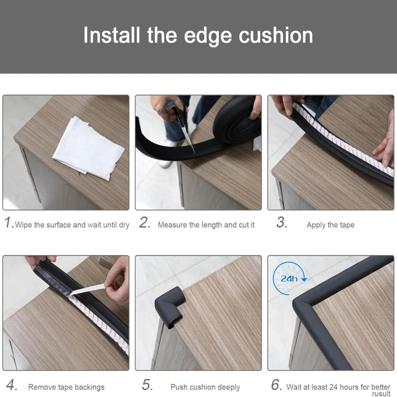 Instructions for installing the edge cushion by wiping, measuring, cutting, applying tape, removing backing, pushing the cush