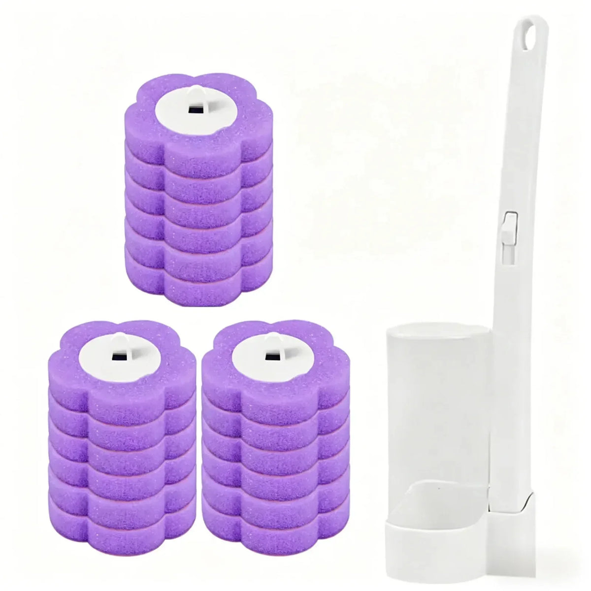 A set of purple wall-mounted disposable toilet brushes with replaceable heads and a white holder.