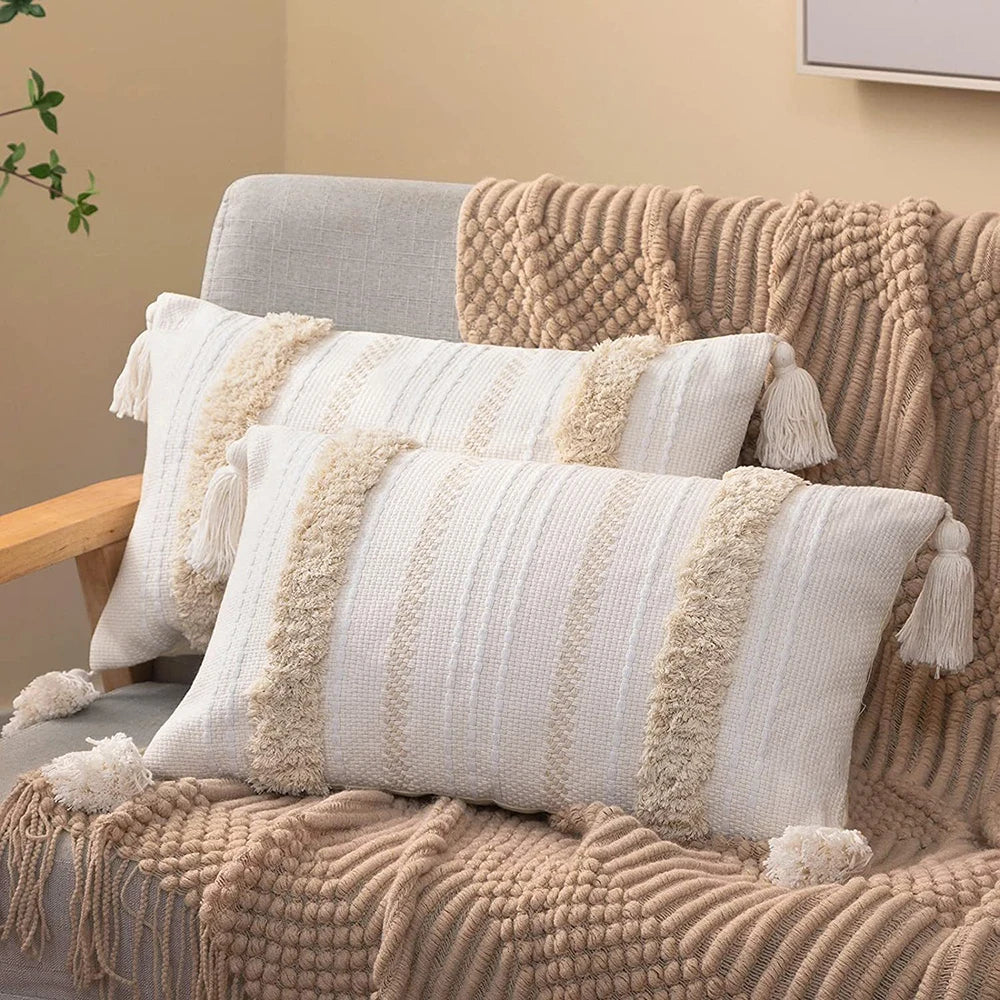 Boho Tufted Throw Pillow Cover with Tassels