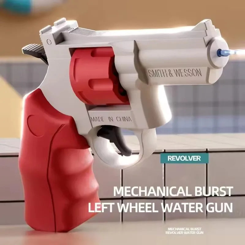 A white and red mechanical burst revolver water gun is shown on a wooden surface.