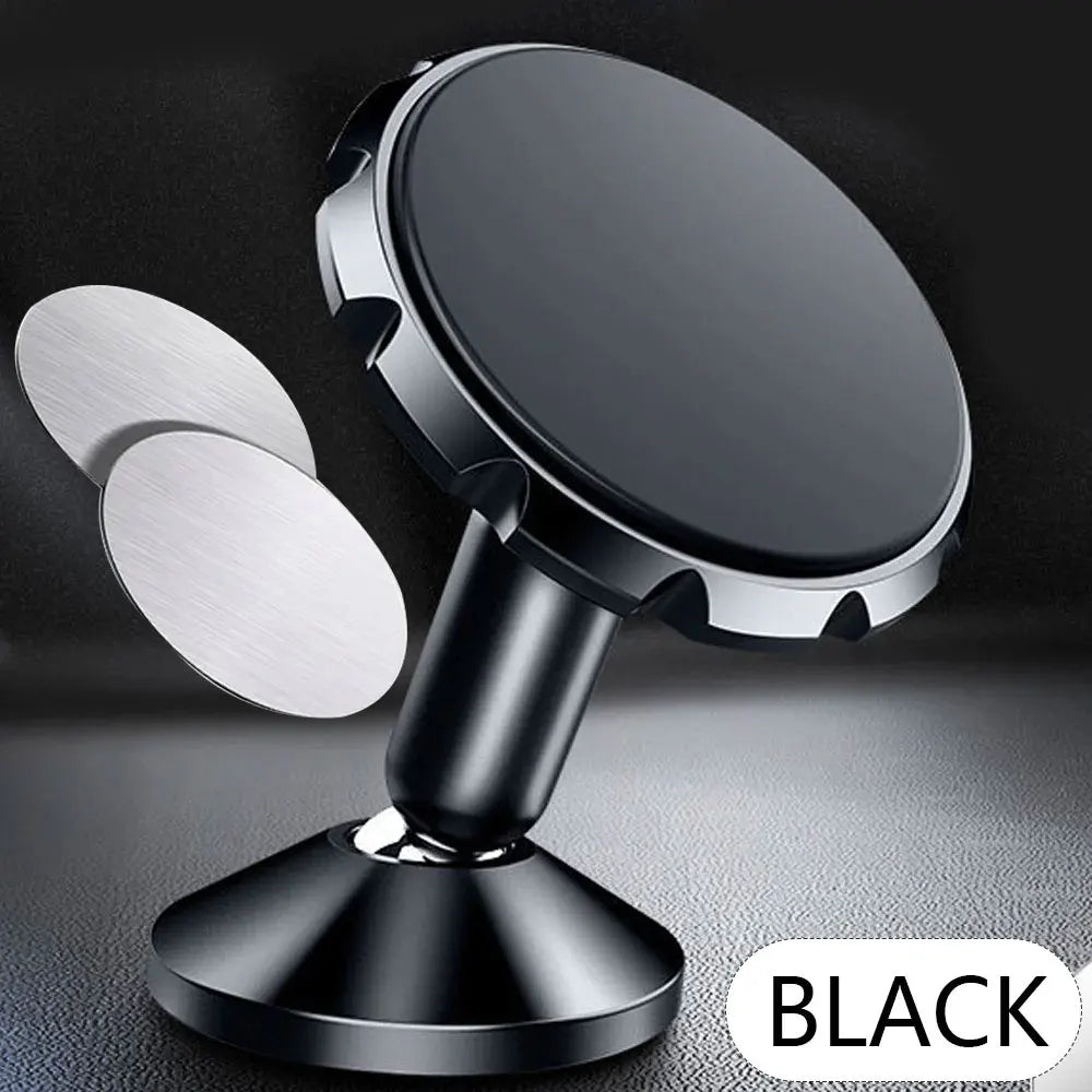 A black magnetic phone mount with a silver circular plate shown from above.