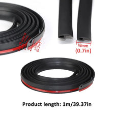 Black flexible rubber windshield seal strips shown in various forms and lengths.