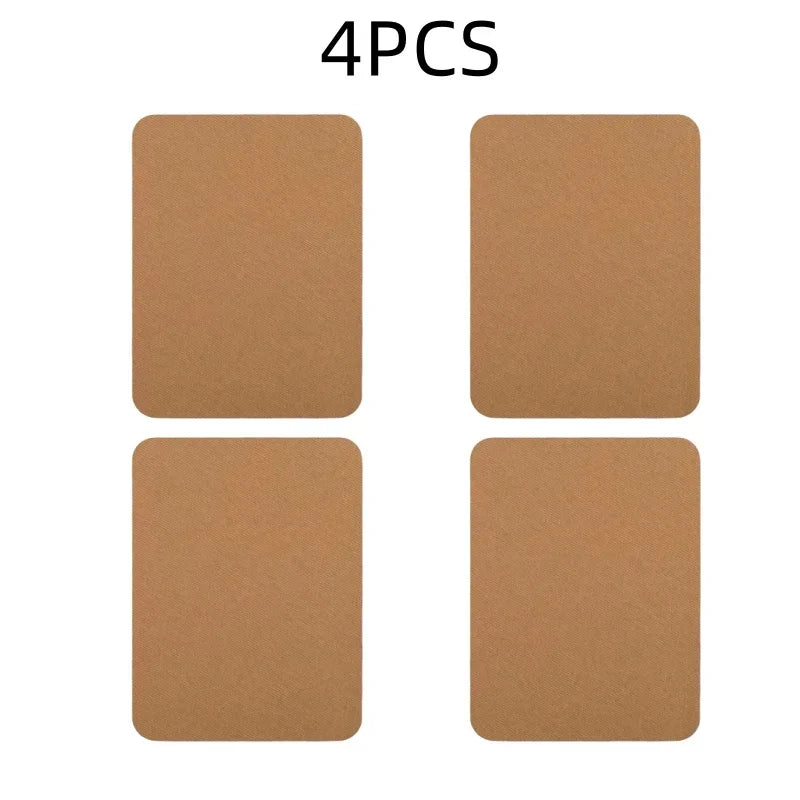 Four brown iron-on fabric patches are displayed, ready for clothing repair or DIY decor.
