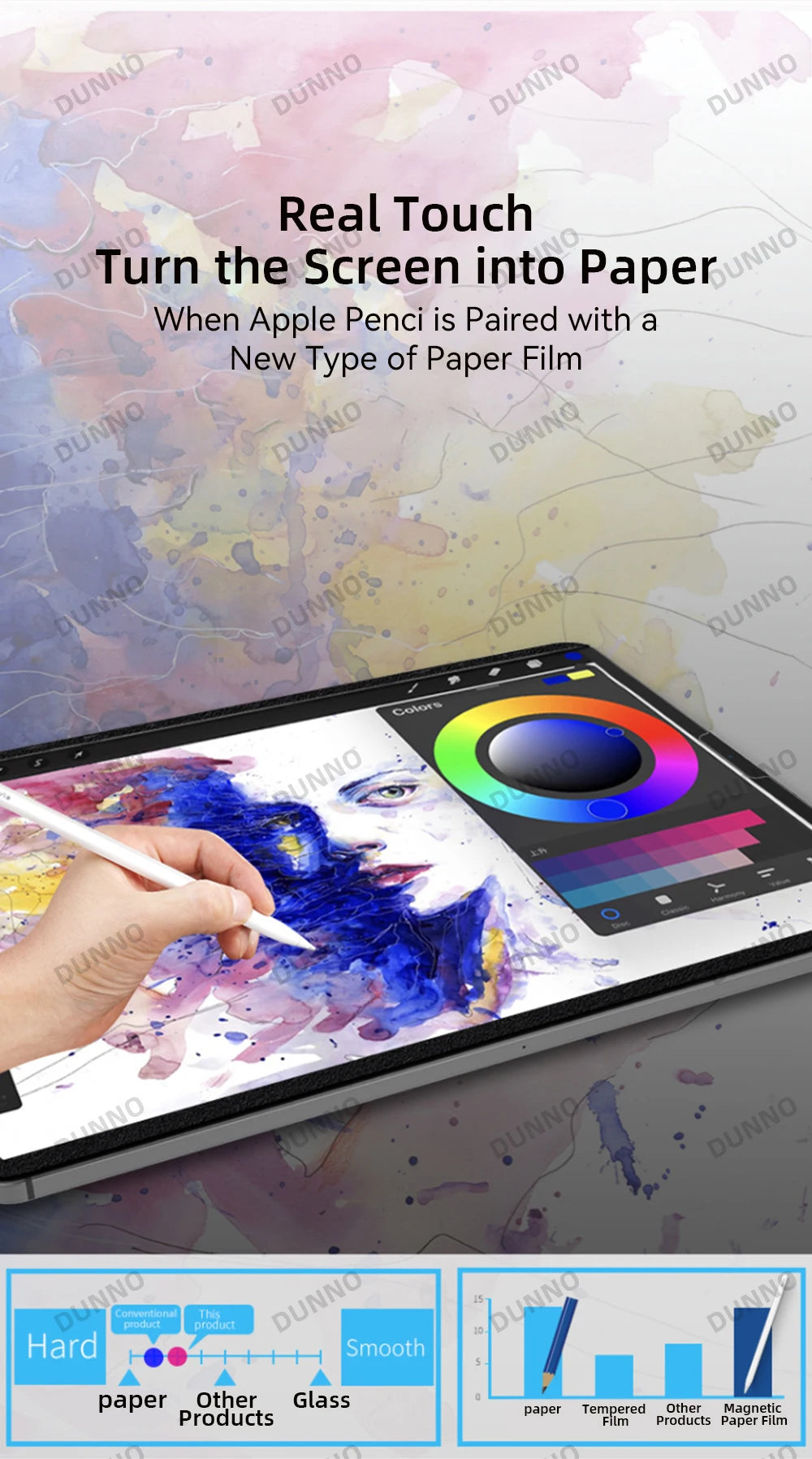 A hand uses an Apple Pencil to draw on a screen, demonstrating how the Pencil is paired with a new type of paper film.