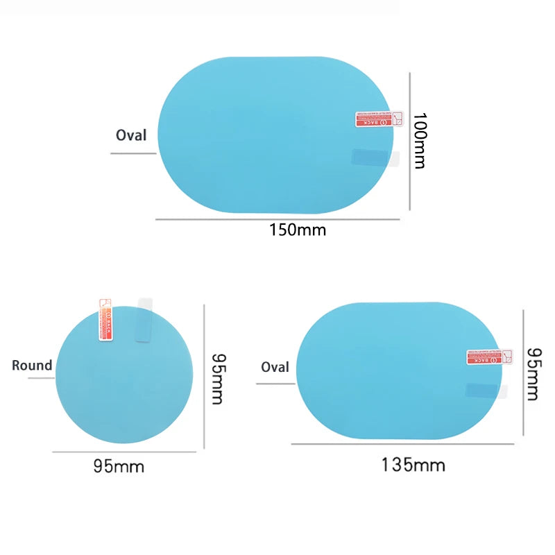 Two samples of blue film for car mirrors and side windows, showing oval and round shapes with dimensions.
