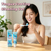 A woman is shown using a tube of Tongue Coating Cleaning Gel for Fresh Breath to clean her tongue.