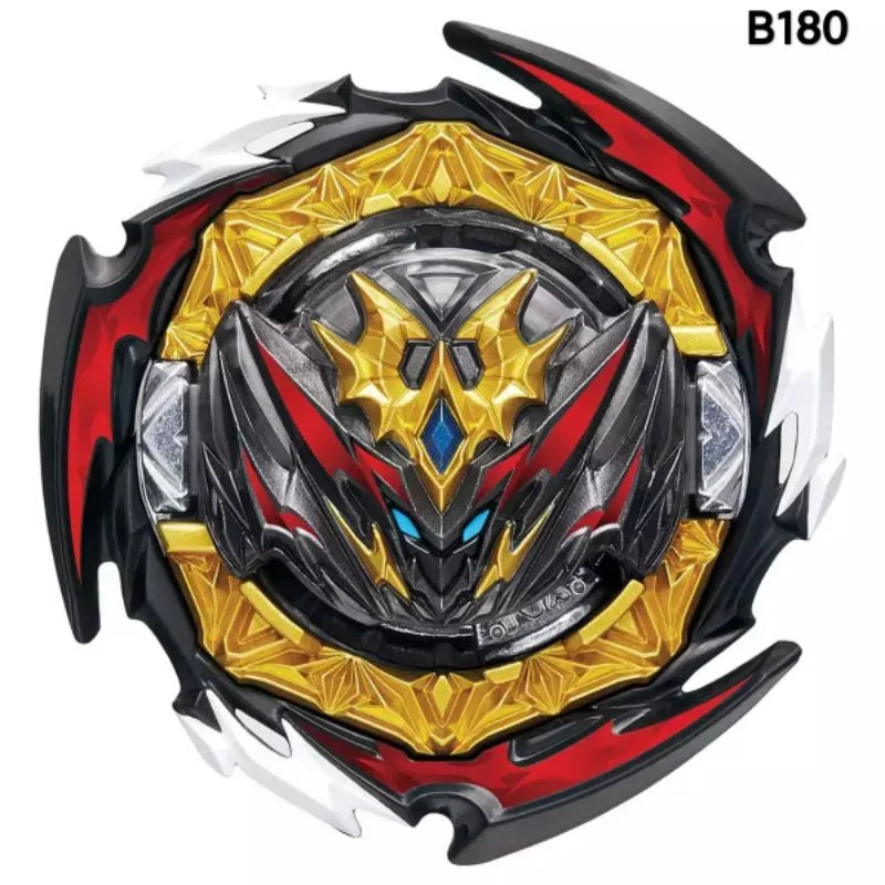 A black and gold battle spinning top featuring a central silver design with red accents.