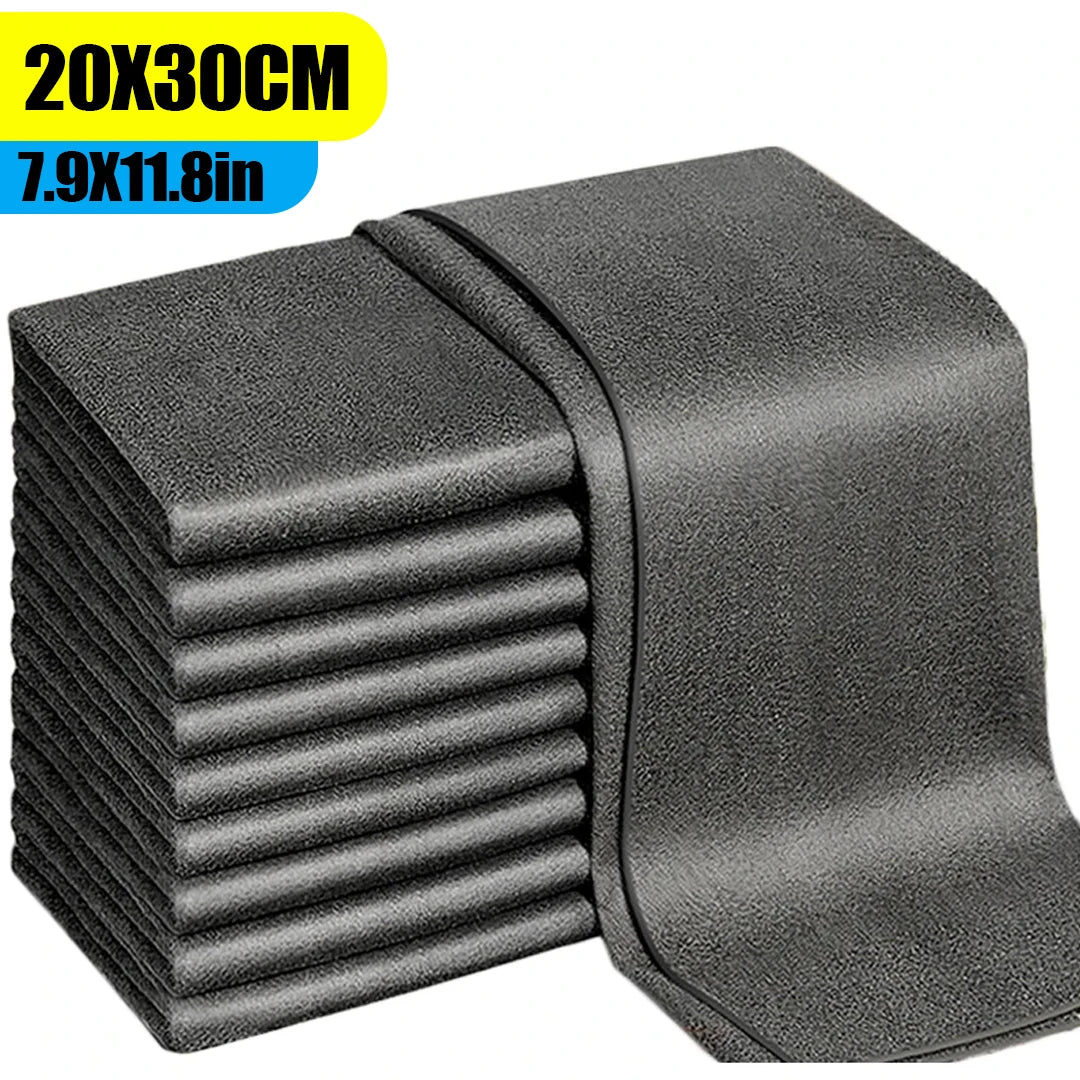 A stack of dark gray reusable microfiber glass cleaning cloths.