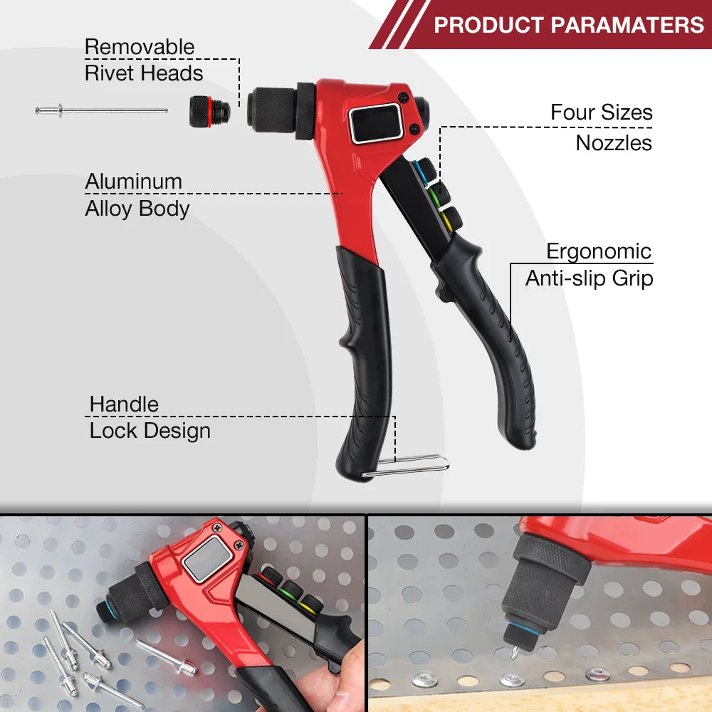 A red manual rivet gun with an ergonomic grip and four interchangeable sizes of nozzles is shown.