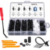 A plastic box containing 100 pieces of auto trim clips and a fastener remover tool with various fasteners.