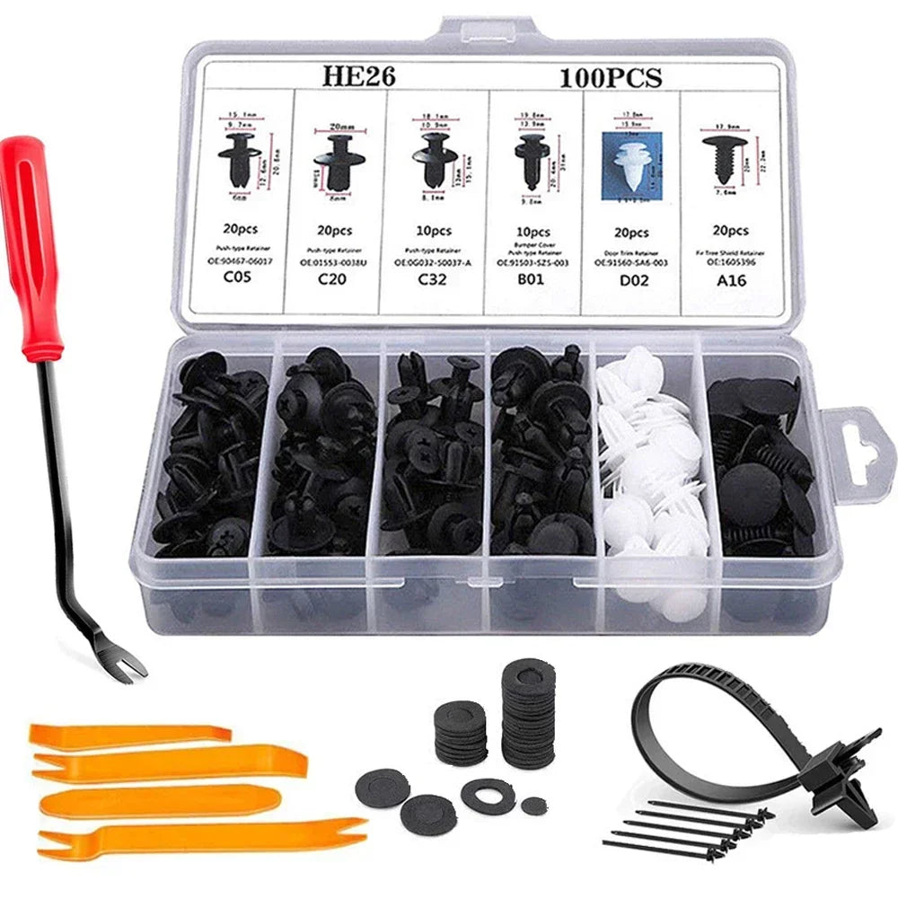 A plastic box containing 100 pieces of auto trim clips and a fastener remover tool with various fasteners.
