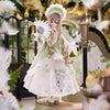 A 1/6 BJD blind box doll with long blonde hair and a light green dress featuring white floral accents.