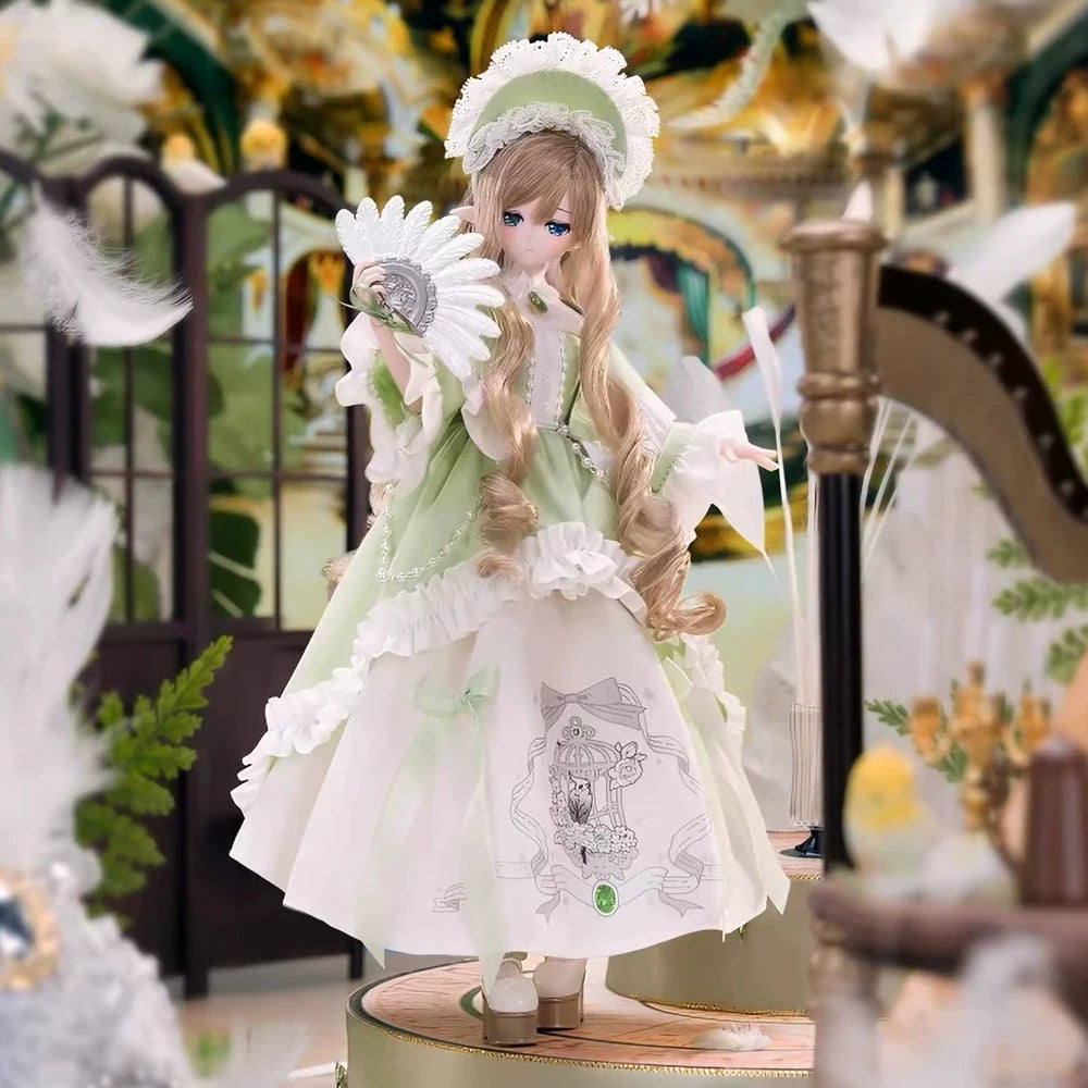A 1/6 BJD blind box doll with long blonde hair and a light green dress featuring white floral accents.