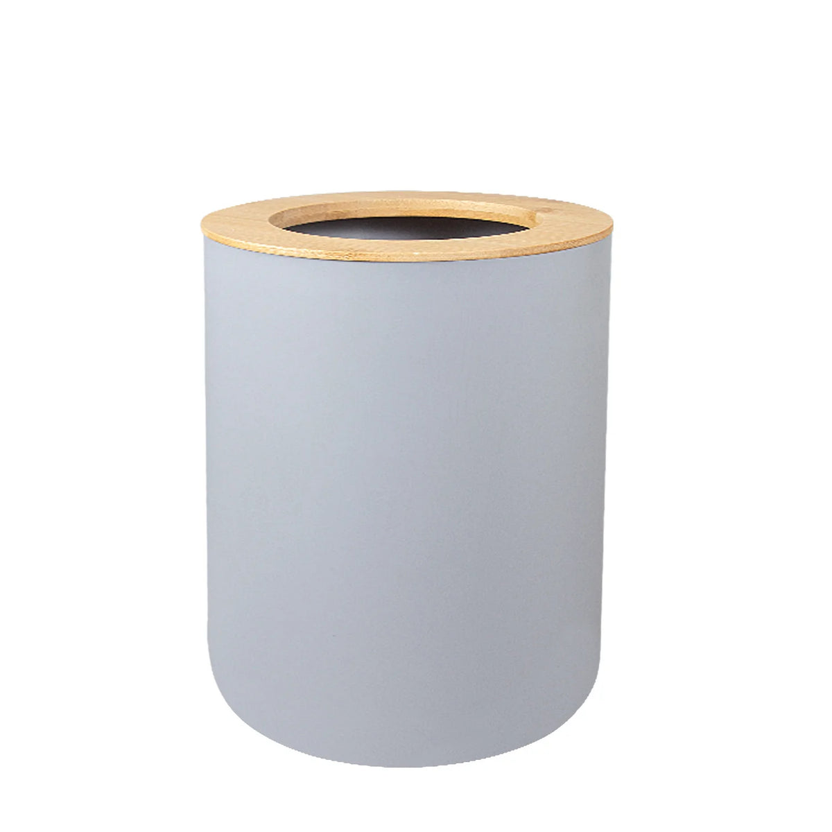 A cylindrical bathroom organizer set made of light gray ceramic with a bamboo lid and dispenser top.
