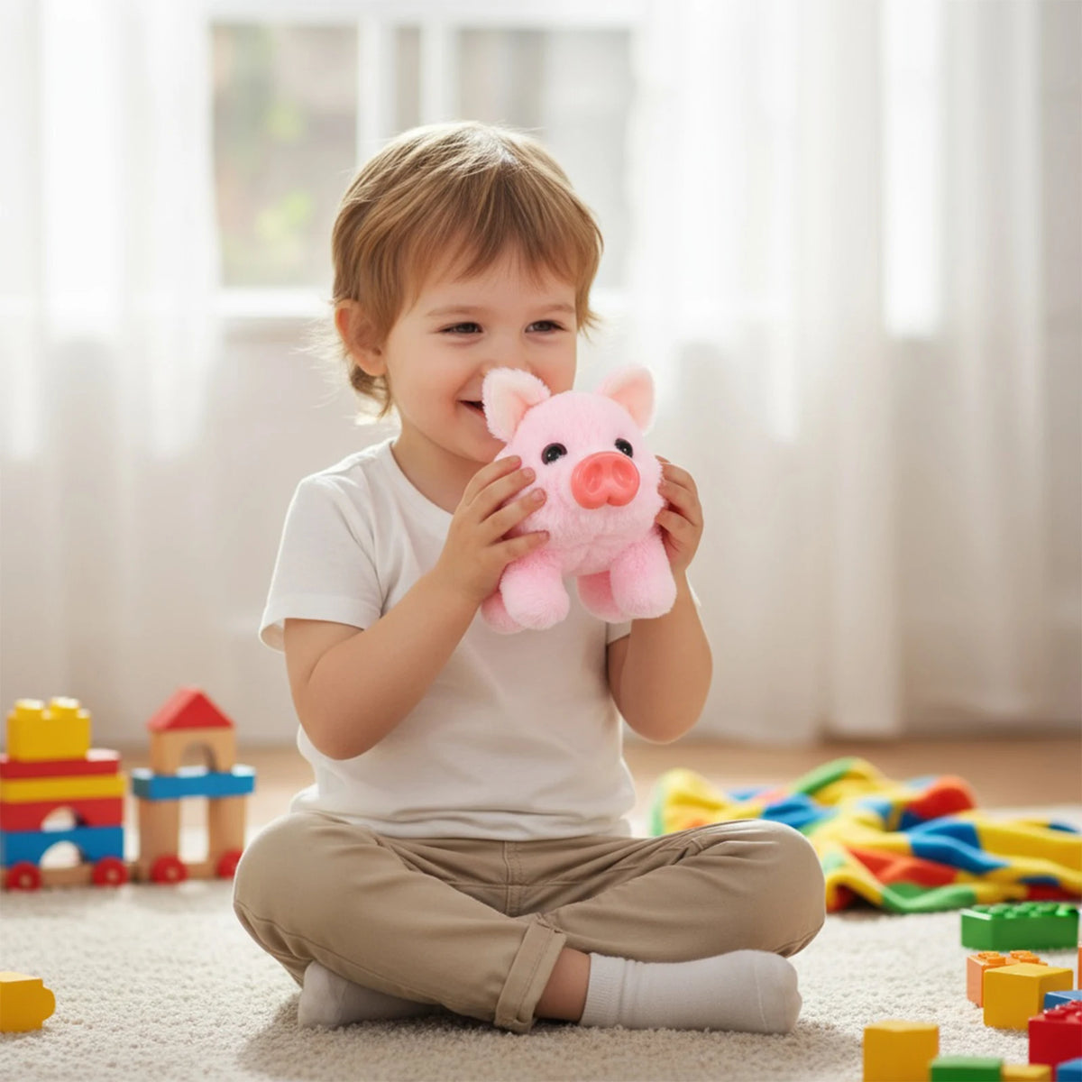 A young child is smiling while holding a pink pig plush toy on a white carpet.